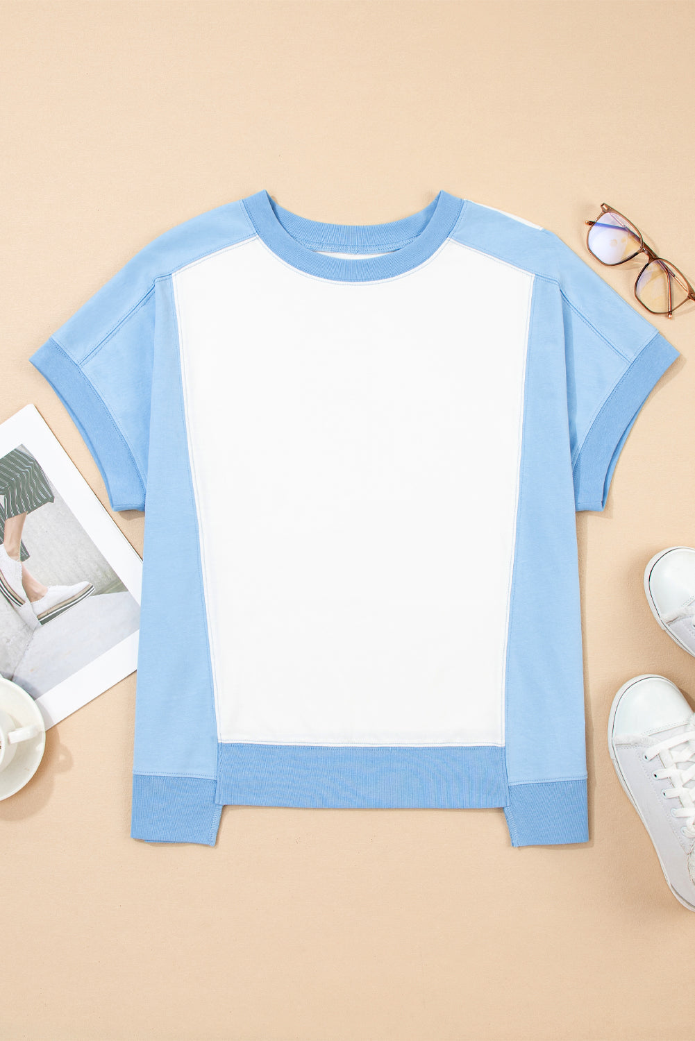 Light Green Colorblock Exposed Seam Patchwork Crew Neck T Shirt