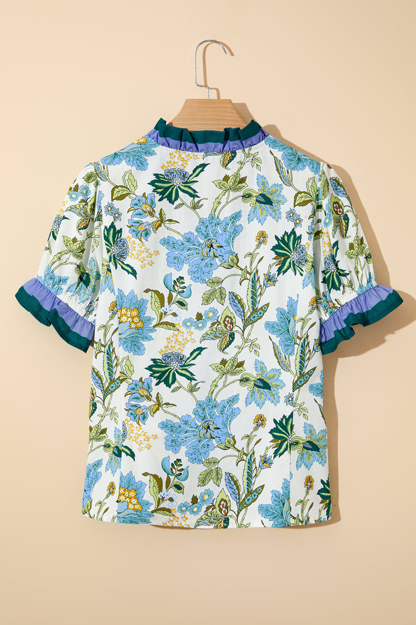 Beige Floral Print Contrasted Frilled Striped Trim Short Sleeve Blouse