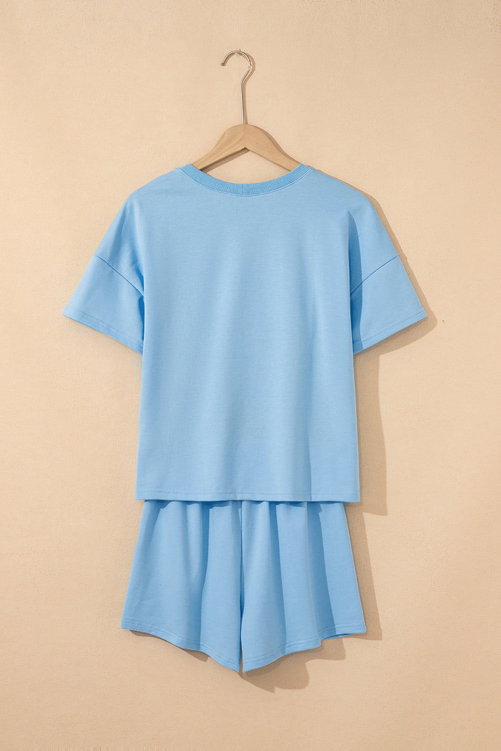 Mint Green V Neck Drop Shoulder Tee and Patchwork Shorts Set