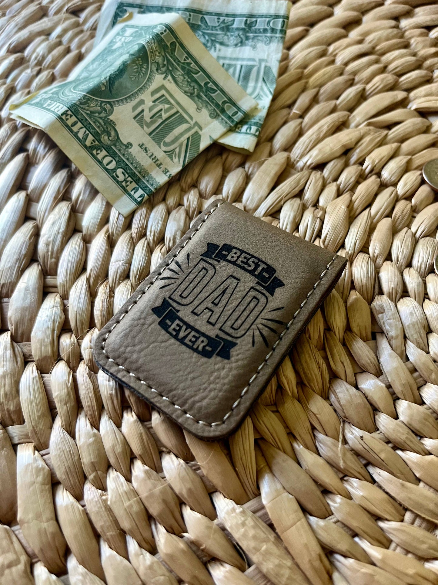 Men's Gift Father's day Gift Leatherette Money Clip: Tan w/ Black Text