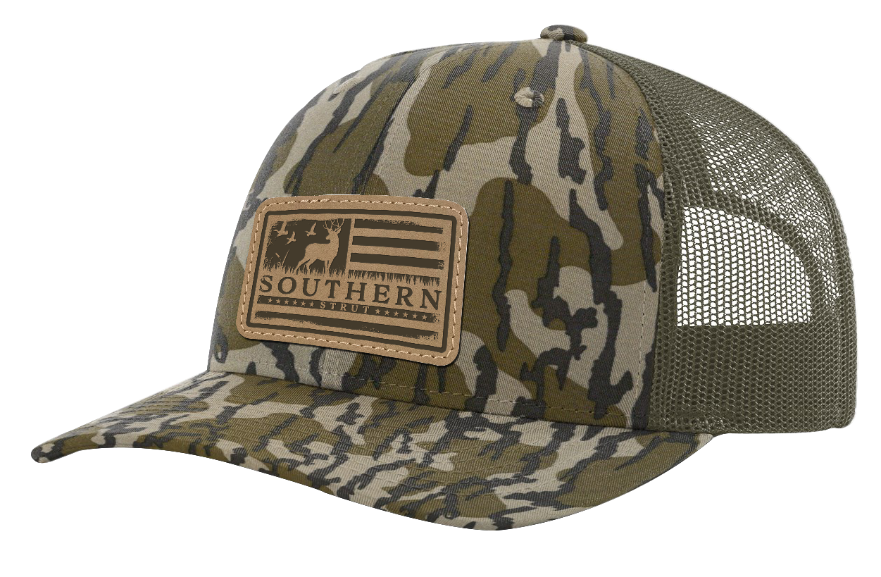 Deer American Flag Patch Trucker Hat: Bottomlands/ Loden