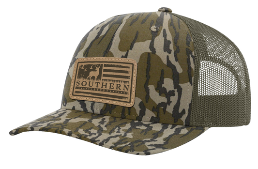 Deer American Flag Patch Trucker Hat: Bottomlands/ Loden