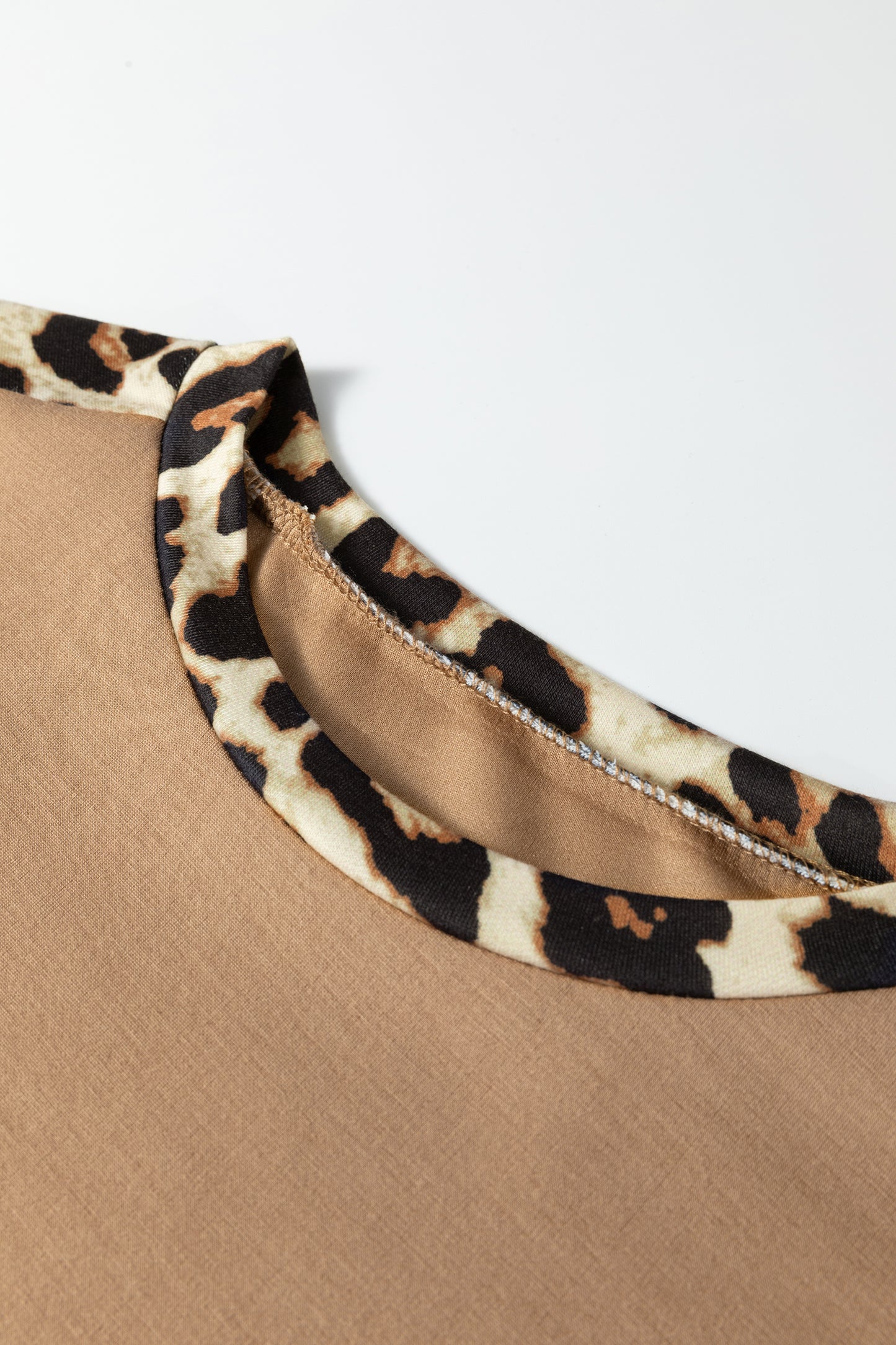 Sea Green Leopard Trim Round Neck Loose T Shirt