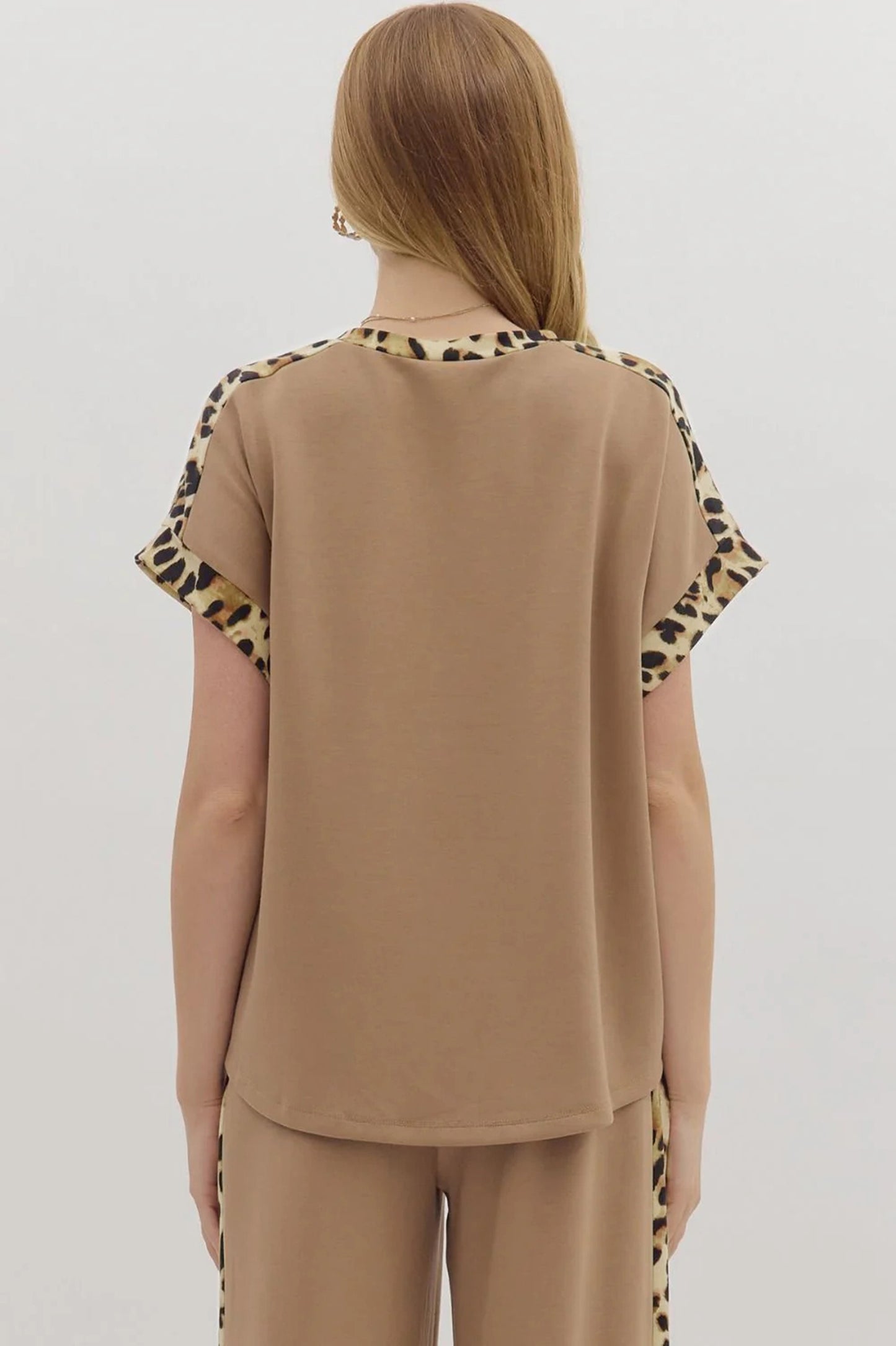 Sea Green Leopard Trim Round Neck Loose T Shirt
