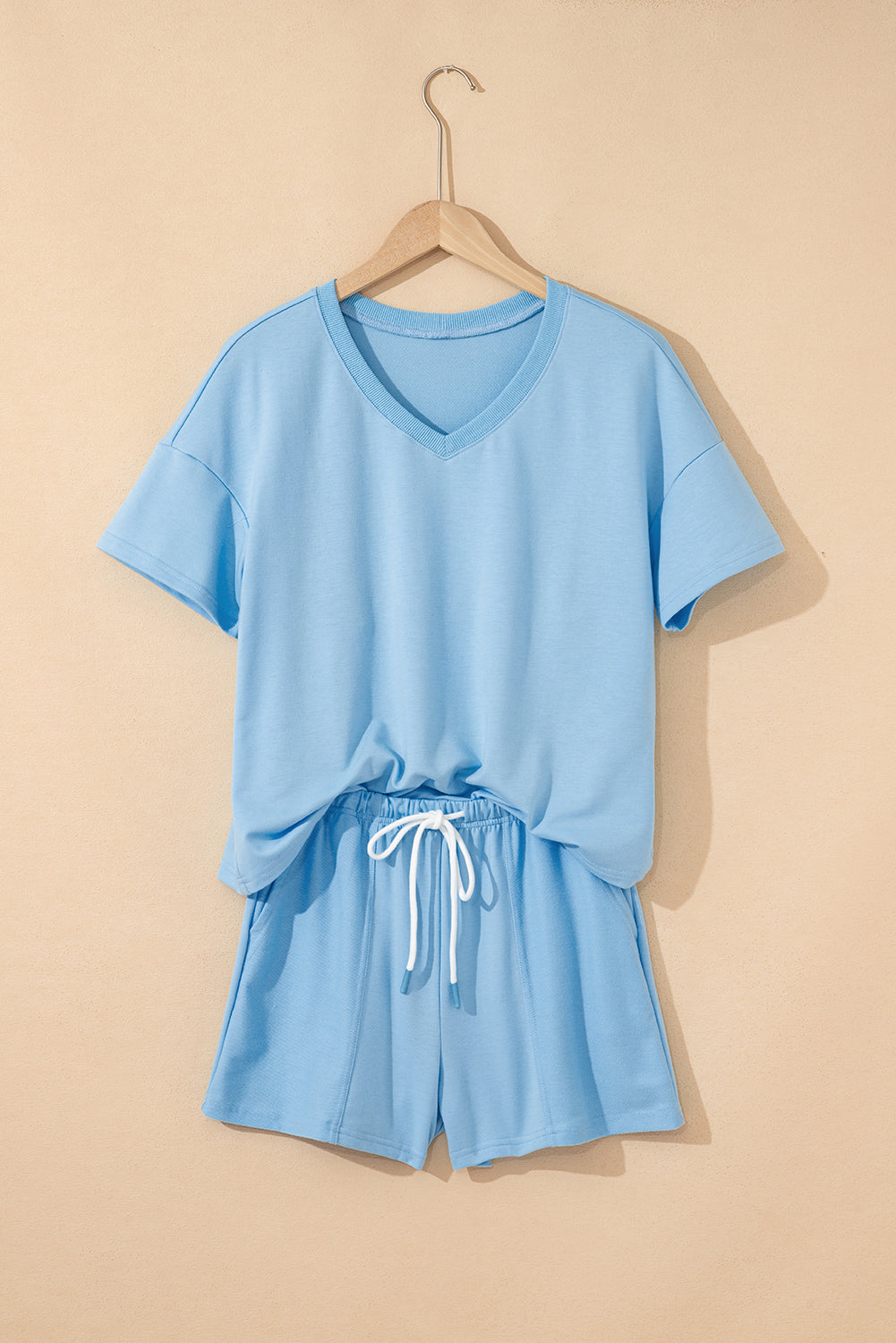 Mint Green V Neck Drop Shoulder Tee and Patchwork Shorts Set