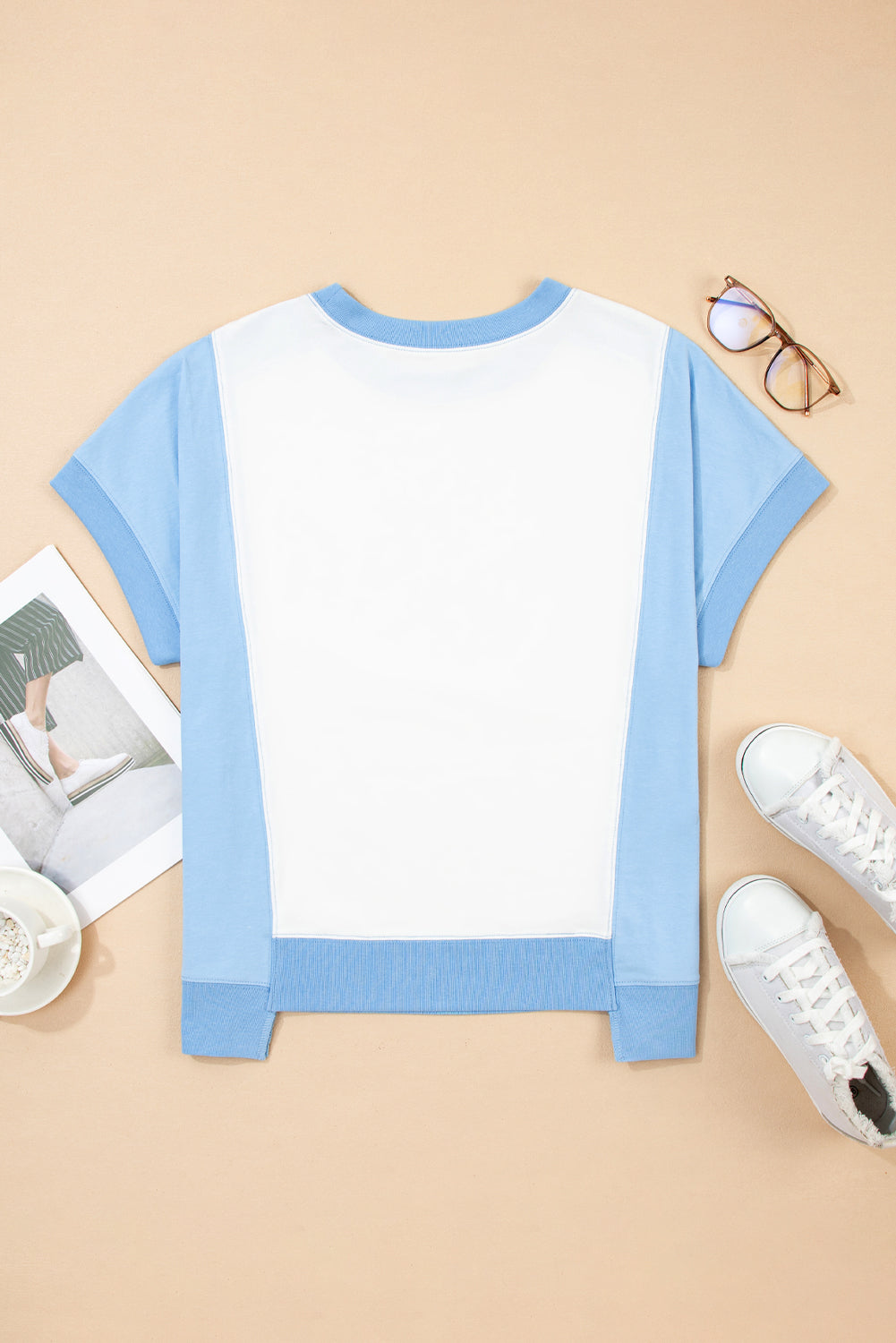 Light Green Colorblock Exposed Seam Patchwork Crew Neck T Shirt