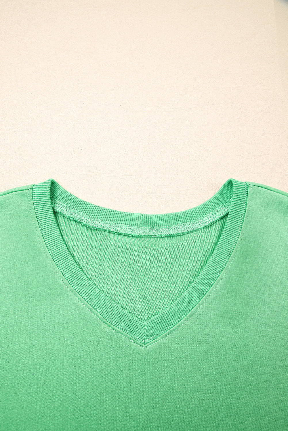 Mint Green V Neck Drop Shoulder Tee and Patchwork Shorts Set