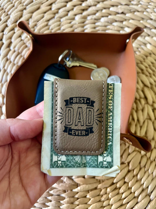 Men's Gift Father's day Gift Leatherette Money Clip: Tan w/ Black Text