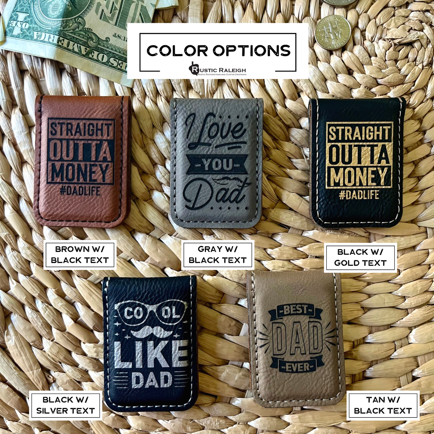 Men's Gift Father's day Gift Leatherette Money Clip: Tan w/ Black Text