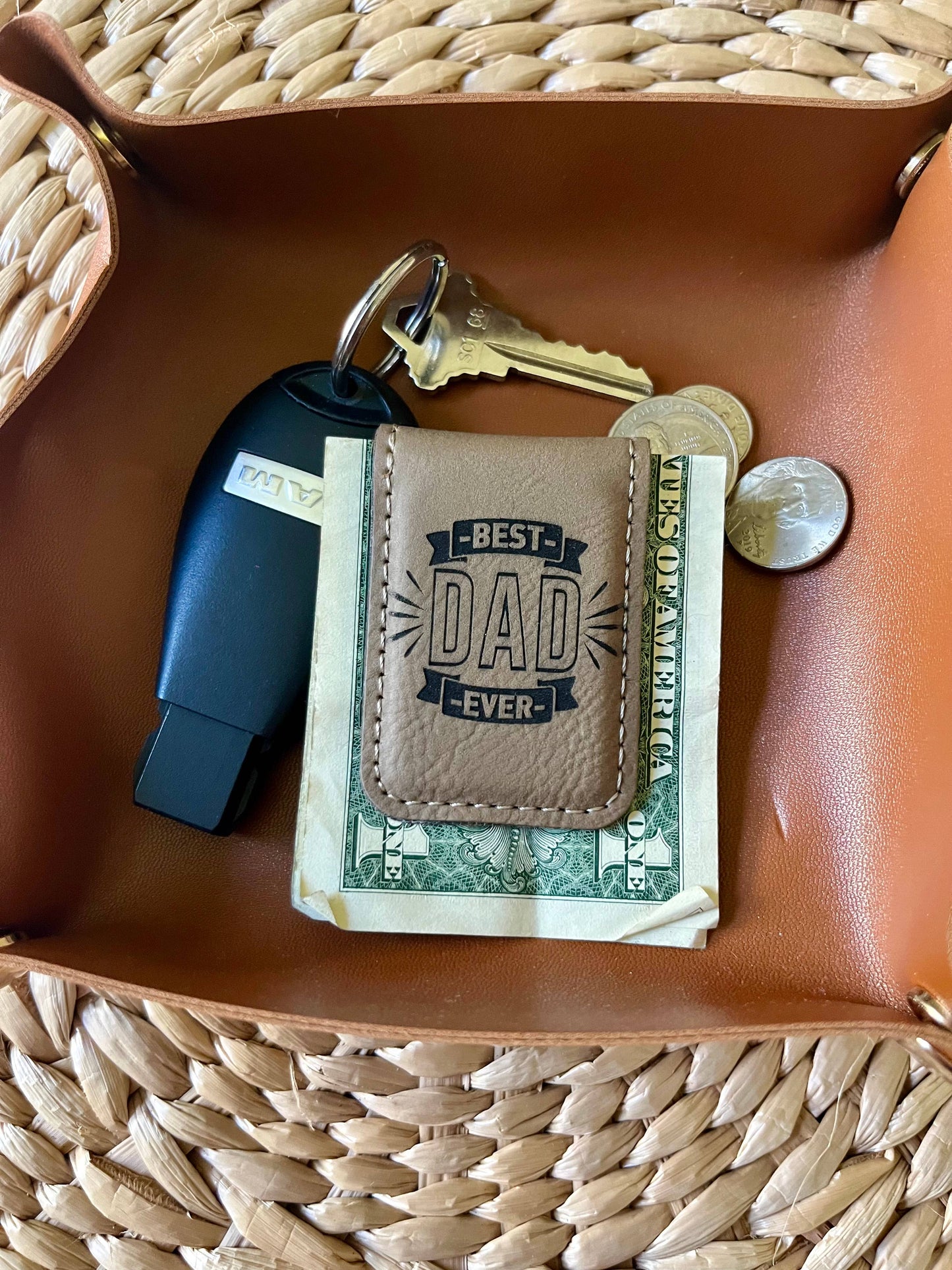 Men's Gift Father's day Gift Leatherette Money Clip: Tan w/ Black Text