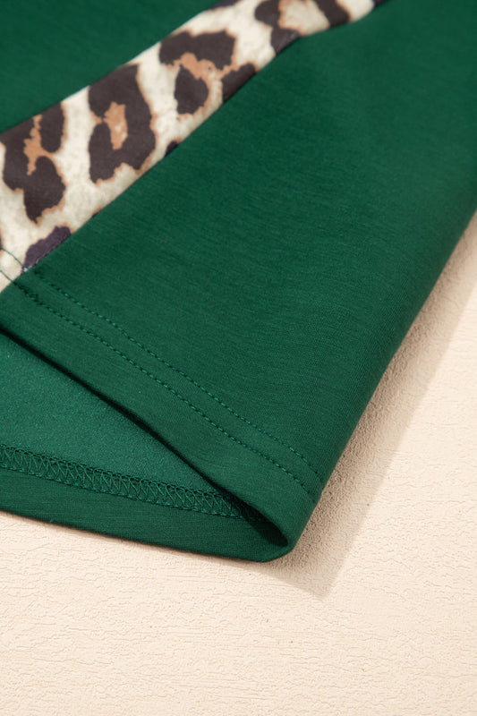 Sea Green Leopard Trim Round Neck Loose T Shirt