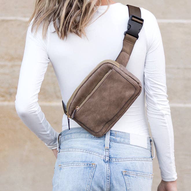 Presly Vegan Leather Everywhere Sling Crossbody Belt Bum Fanny Waist Bag: Cognac White