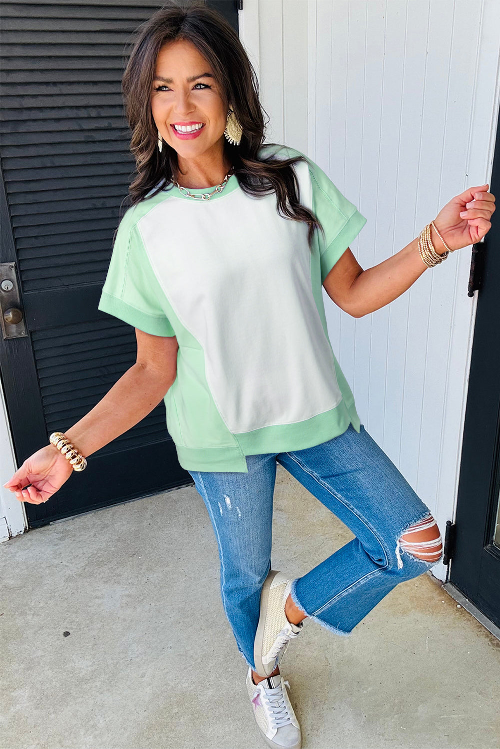 Light Green Colorblock Exposed Seam Patchwork Crew Neck T Shirt