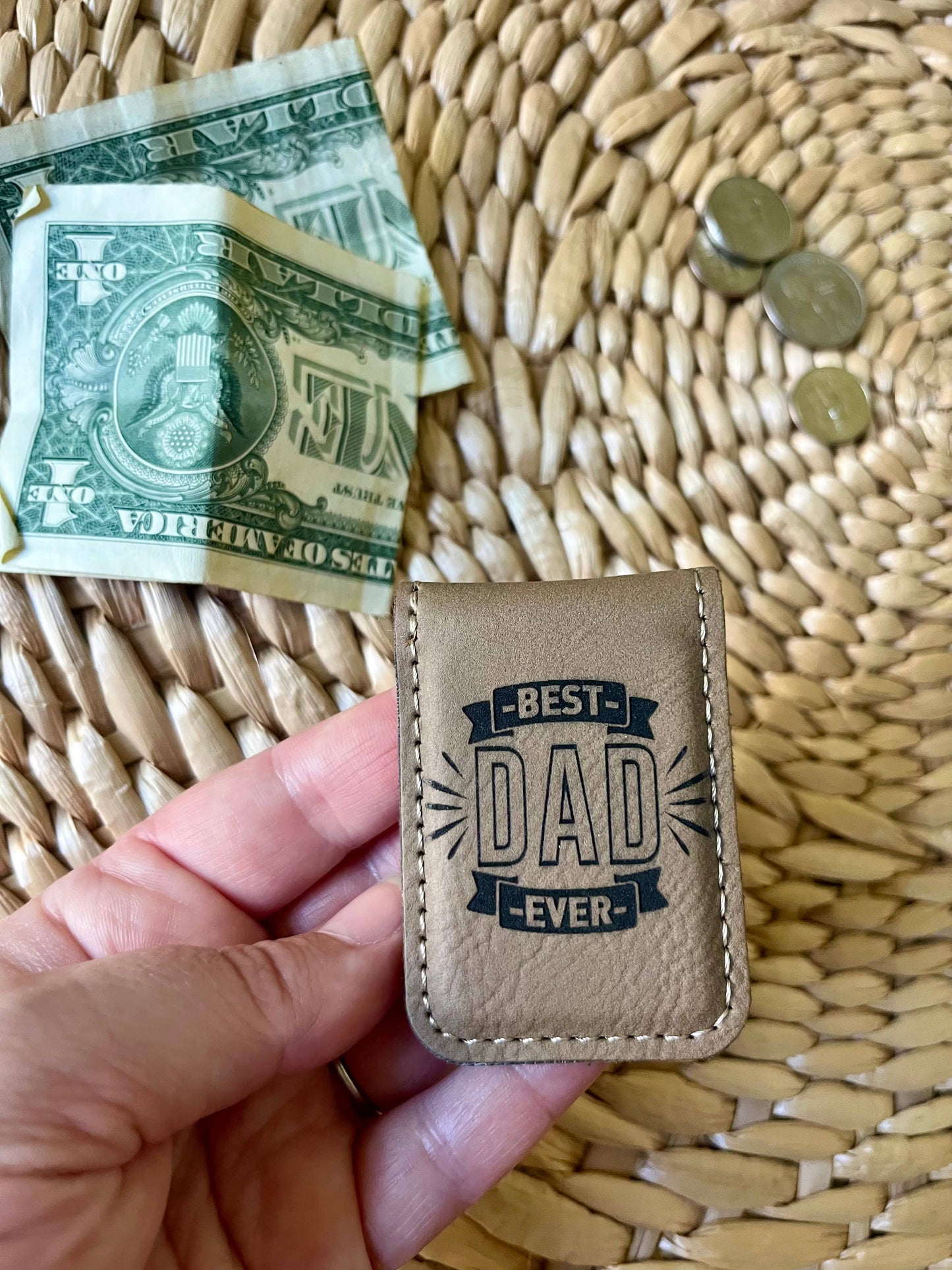Men's Gift Father's day Gift Leatherette Money Clip: Tan w/ Black Text
