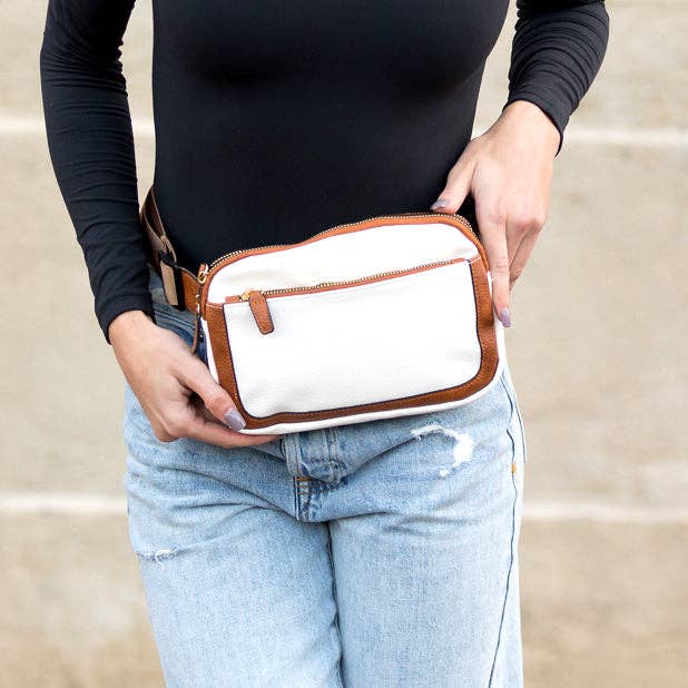 Presly Vegan Leather Everywhere Sling Crossbody Belt Bum Fanny Waist Bag: Cognac White