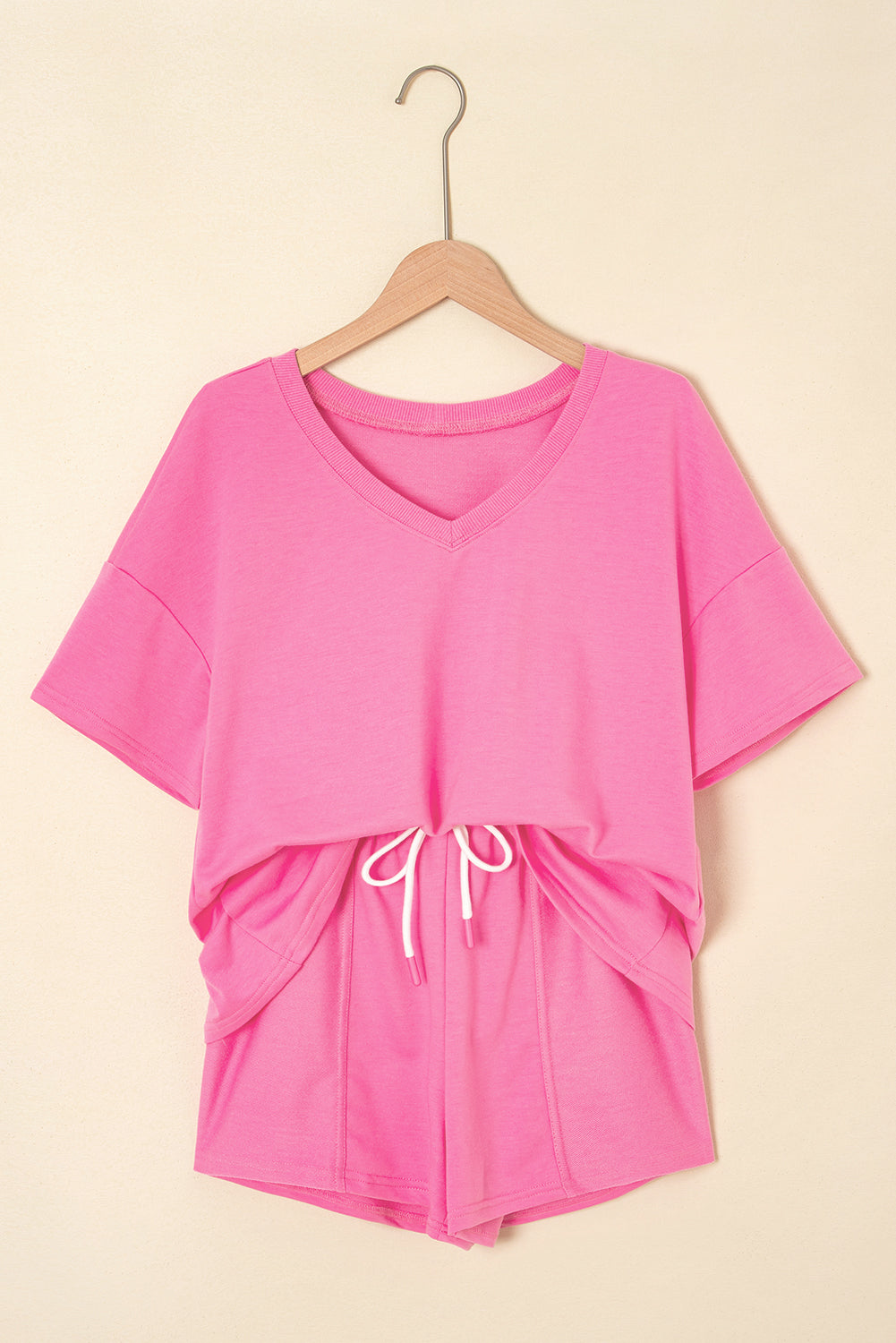Mint Green V Neck Drop Shoulder Tee and Patchwork Shorts Set