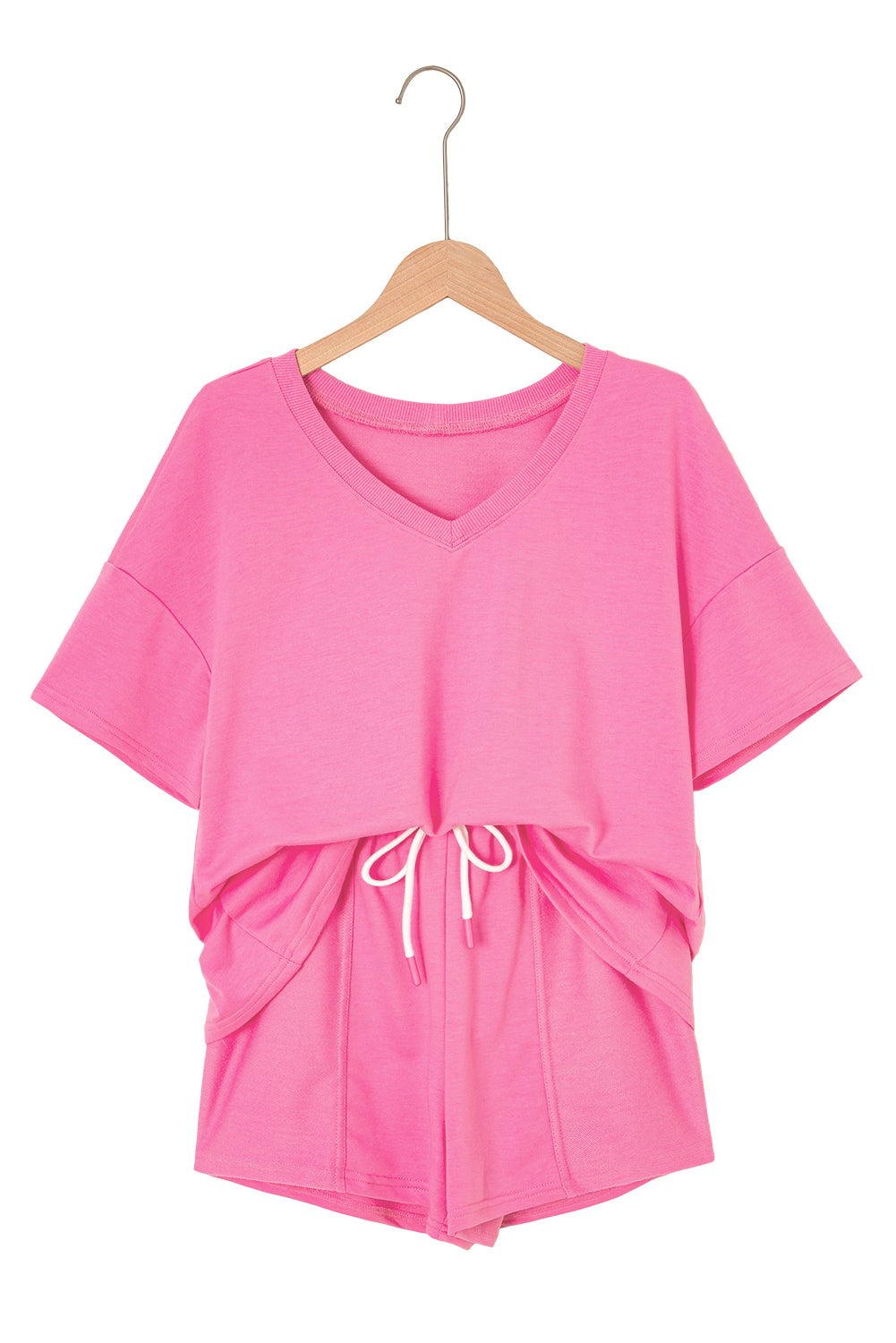 Mint Green V Neck Drop Shoulder Tee and Patchwork Shorts Set