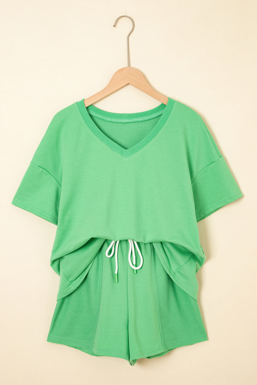 Mint Green V Neck Drop Shoulder Tee and Patchwork Shorts Set
