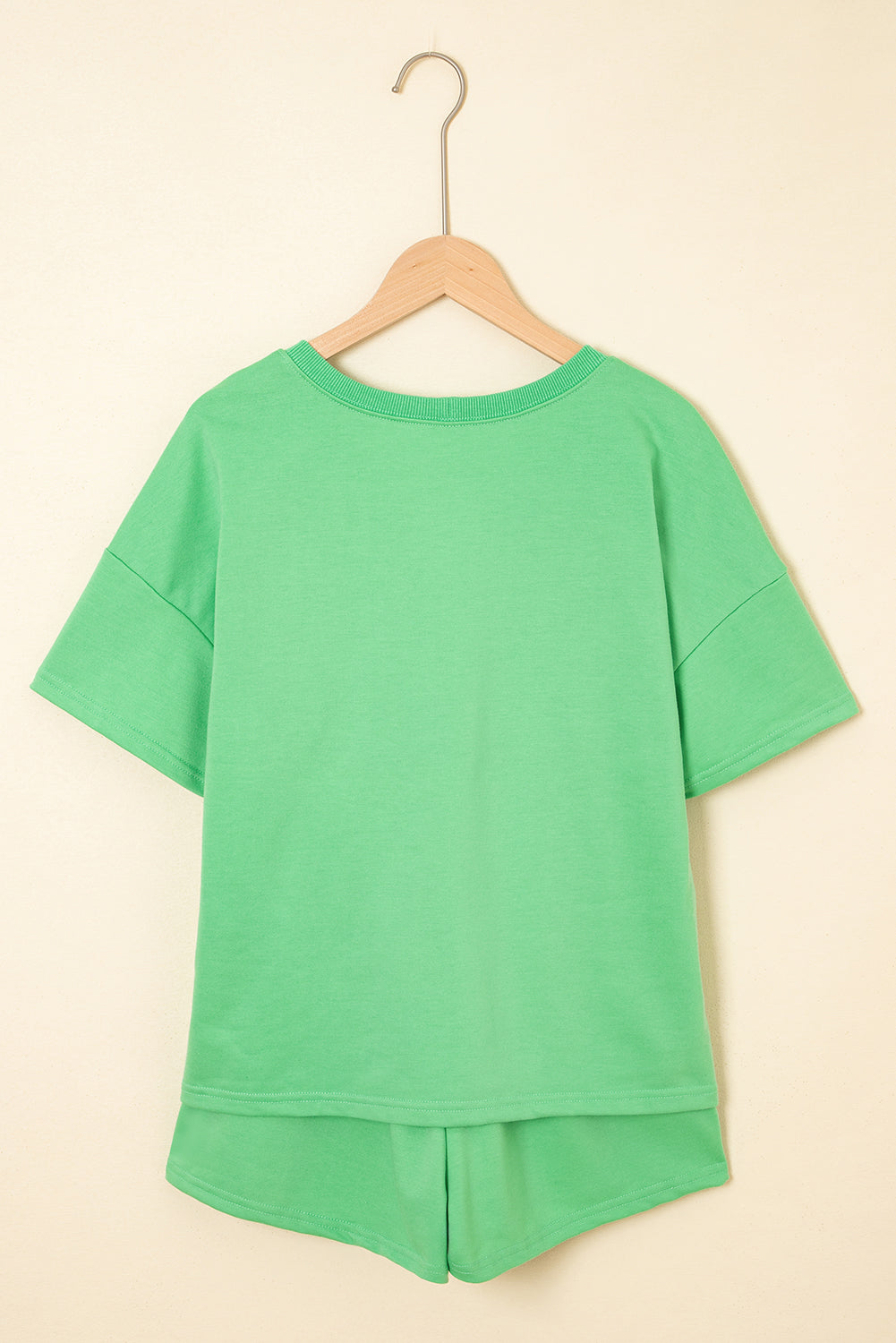 Mint Green V Neck Drop Shoulder Tee and Patchwork Shorts Set