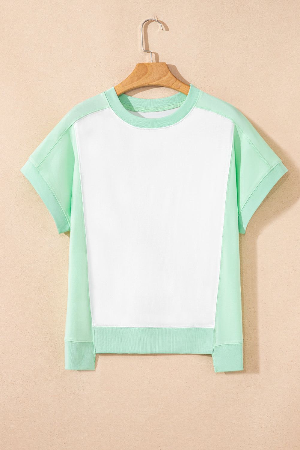 Light Green Colorblock Exposed Seam Patchwork Crew Neck T Shirt