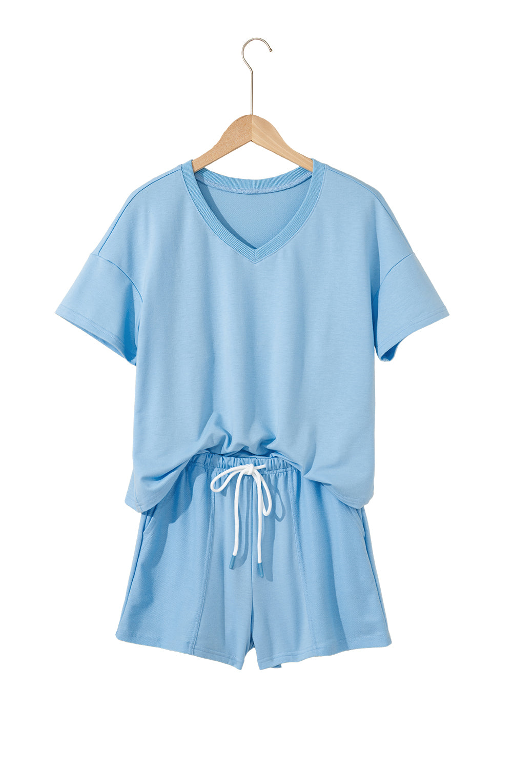 Mint Green V Neck Drop Shoulder Tee and Patchwork Shorts Set