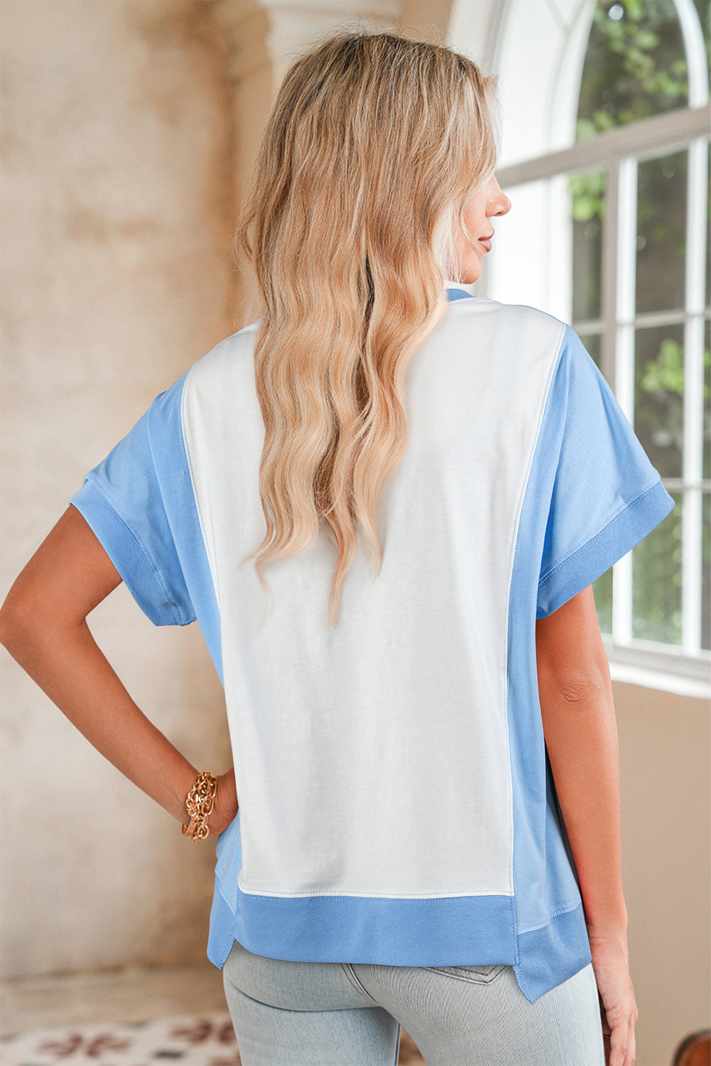 Light Green Colorblock Exposed Seam Patchwork Crew Neck T Shirt